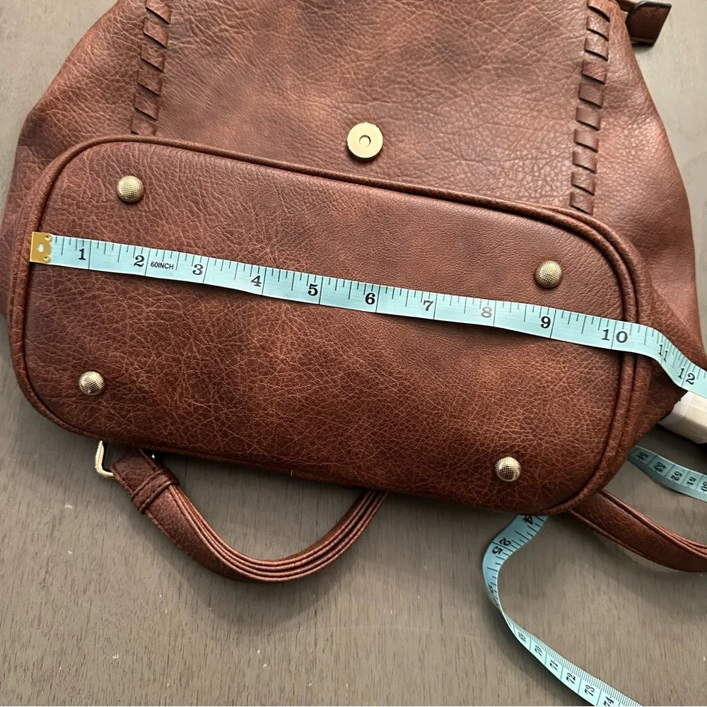 ALYSSA Faux Vegan Leather Whipstitch Brown Backpack New - Picture 10 of 13